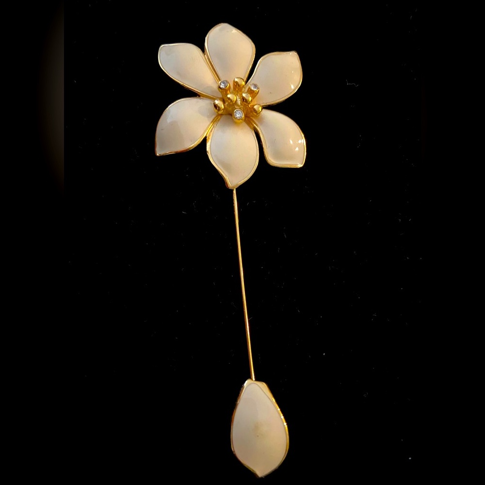 Givenchy White Enamel and Gold-Plated Stick Pin, Crystal Accents — Signed